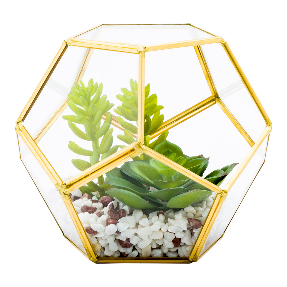 Plastic Table Art Faux Succulent Arrangement - Pentagon Glass Terrarium, Gold - 6 3/4" x 6 1/4" x 6 1/4" - 1 count box