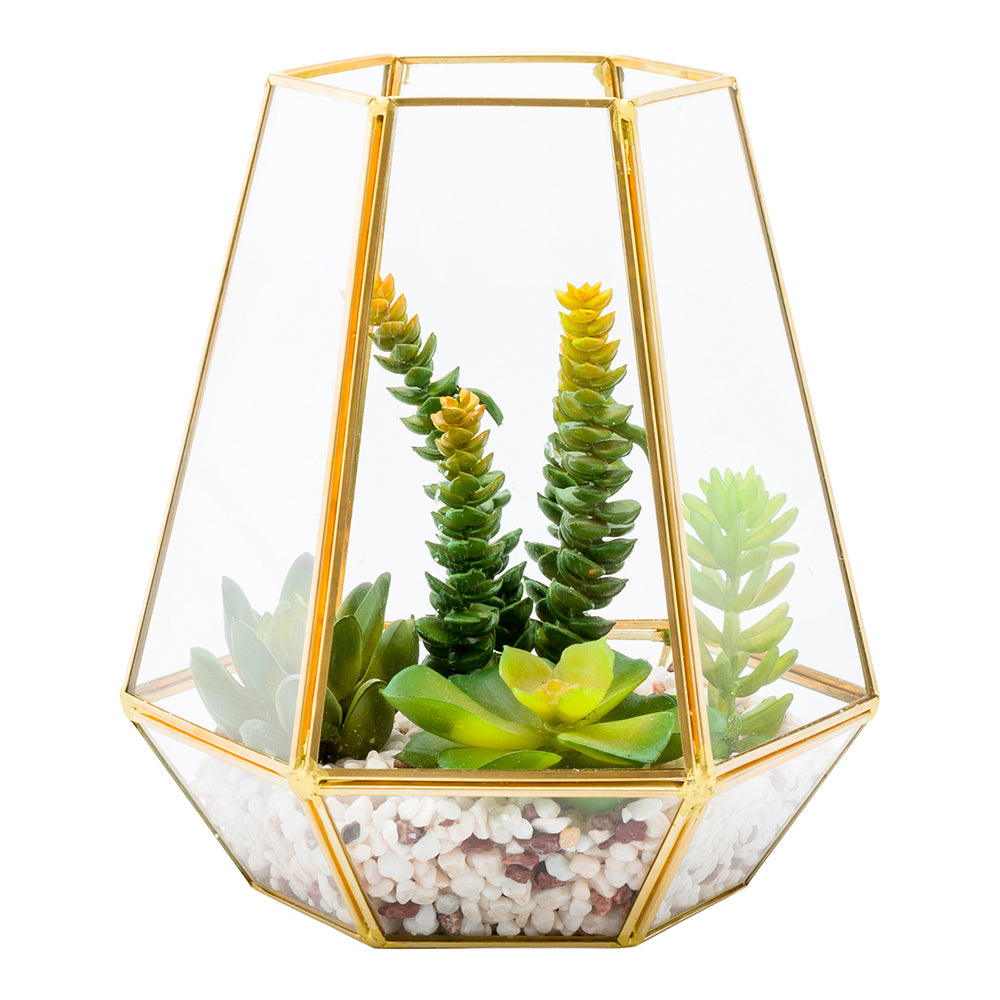 Plastic Table Art Faux Succulent Arrangement - Hexagonal Glass Terrarium, Bronze - 7" x 6 1/2" x 8" - 1 count box