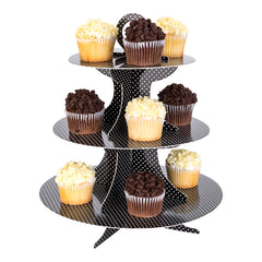 Pastry Tek Black Cardboard Cupcake Stand - 3-Tier, White Polka Dots - 13 1/2