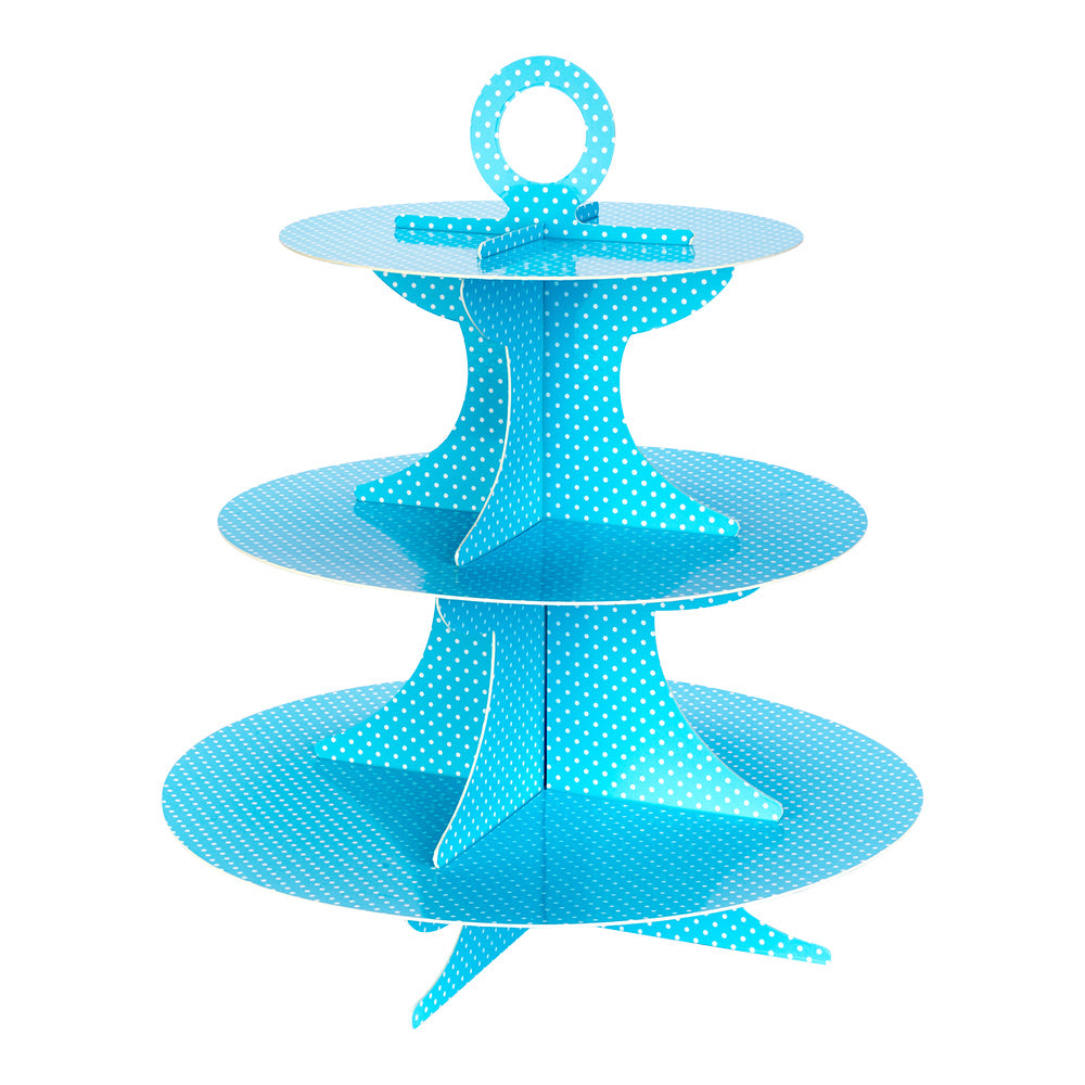 Pastry Tek Turquoise Cardboard Cupcake Stand - 3-Tier, White Polka Dots - 13 1/2" x 13 1/2" x 14" - 1 count box