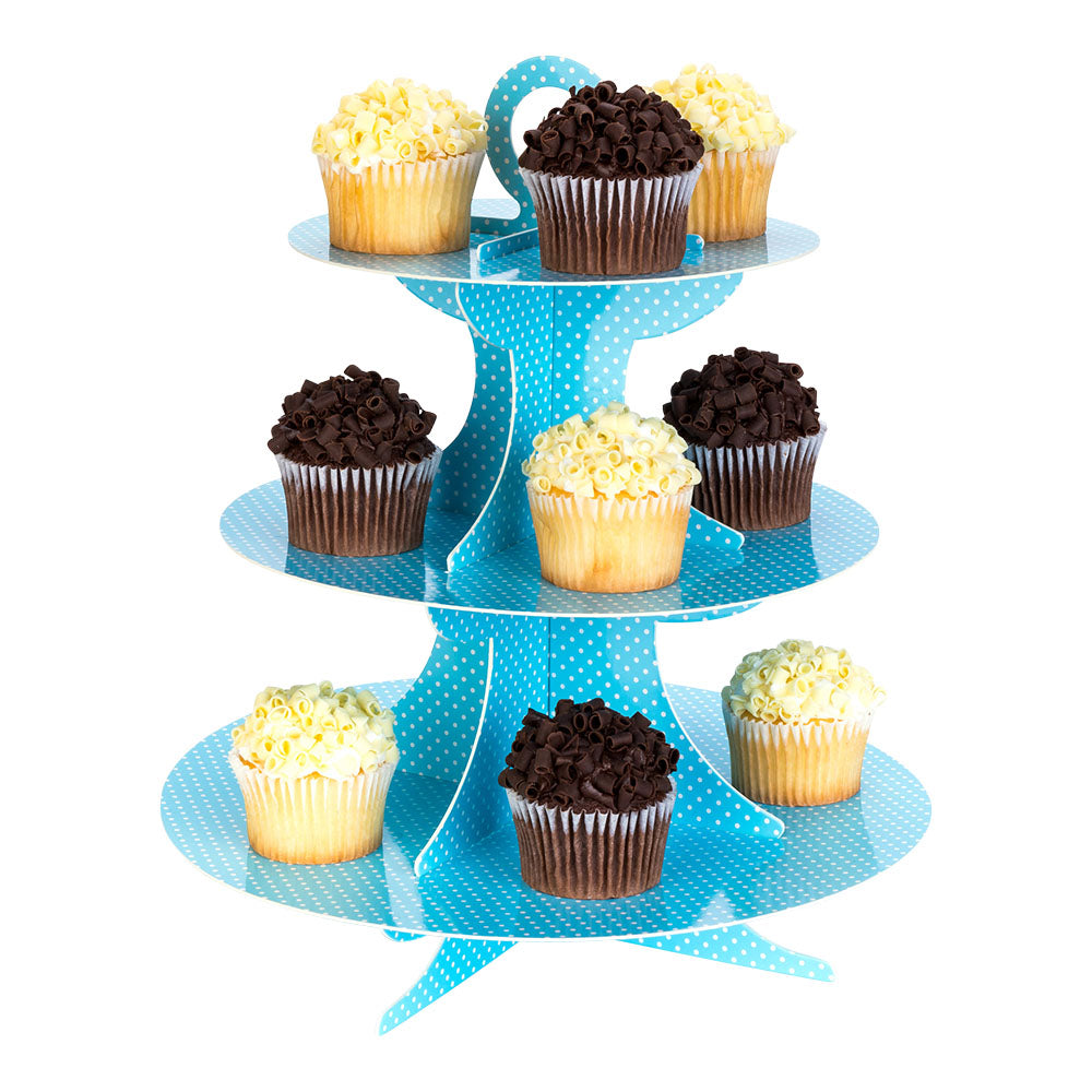 Pastry Tek Turquoise Cardboard Cupcake Stand - 3-Tier, White Polka Dots - 13 1/2" x 13 1/2" x 14" - 1 count box