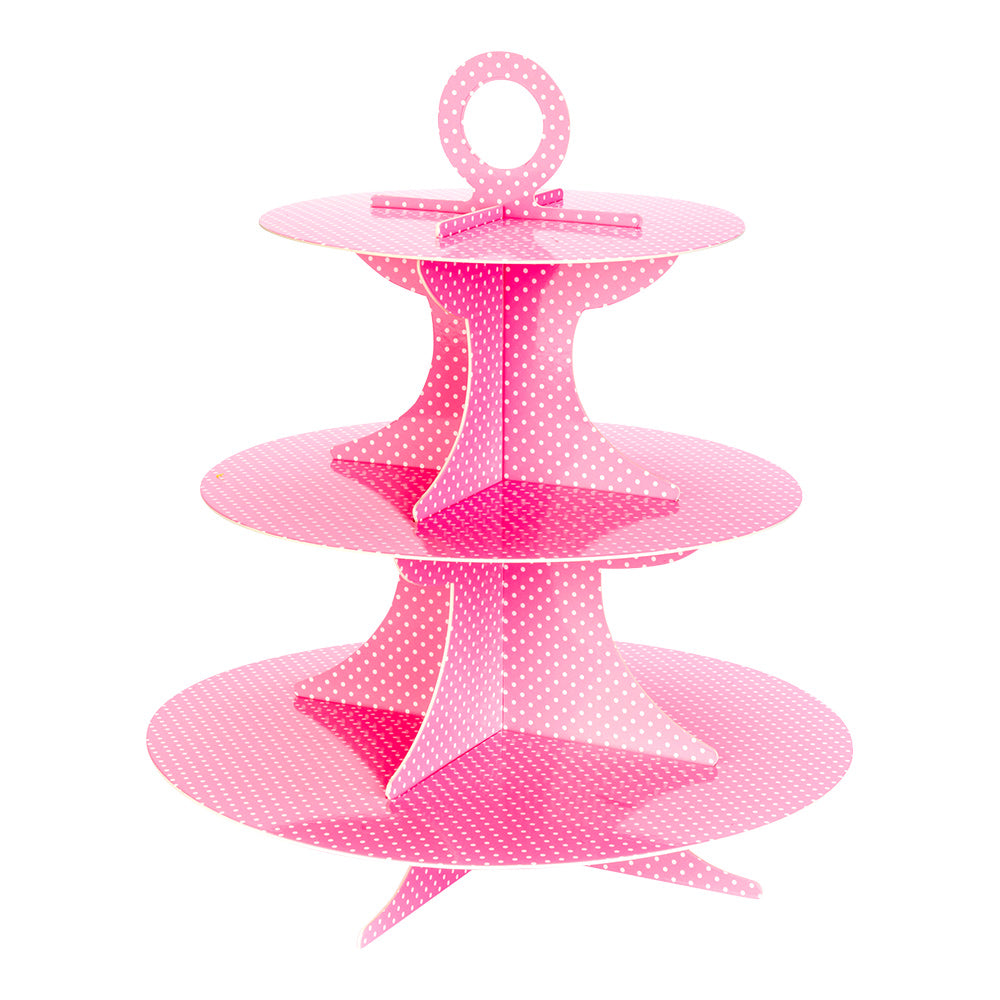 Pastry Tek Pink Cardboard Cupcake Stand - 3-Tier, White Polka Dots - 13 1/2" x 13 1/2" x 14" - 1 count box