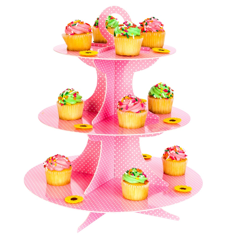 Pastry Tek Pink Cardboard Cupcake Stand - 3-Tier, White Polka Dots - 13 1/2" x 13 1/2" x 14" - 1 count box