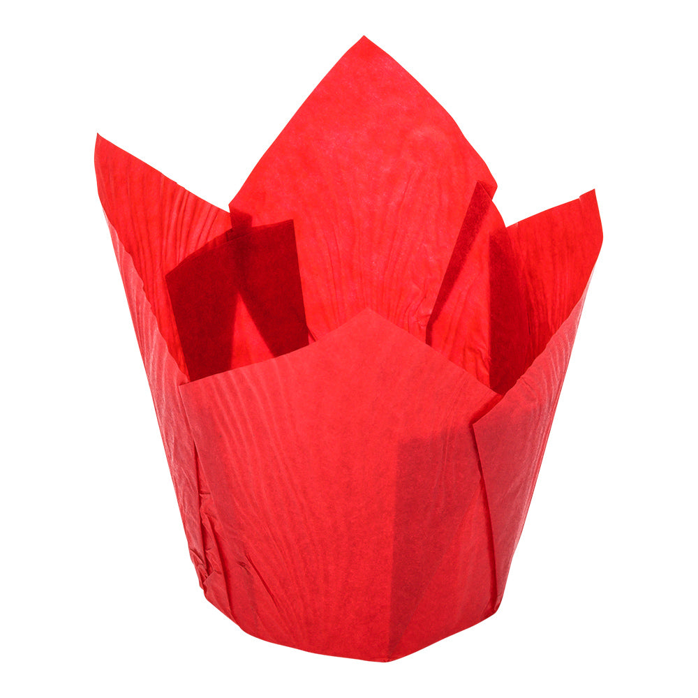 Panificio 4 oz Red Paper Tulip Baking Cup - Greaseproof - 3 1/2" x 3 1/2" x 3 1/2" - 200 count box