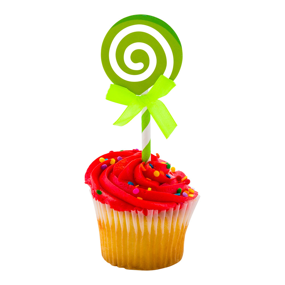 Top Cake Green Paper Swirl Lollipop Cake Topper - Neon Green Bow - 5 1/4" x 2" - 100 count box