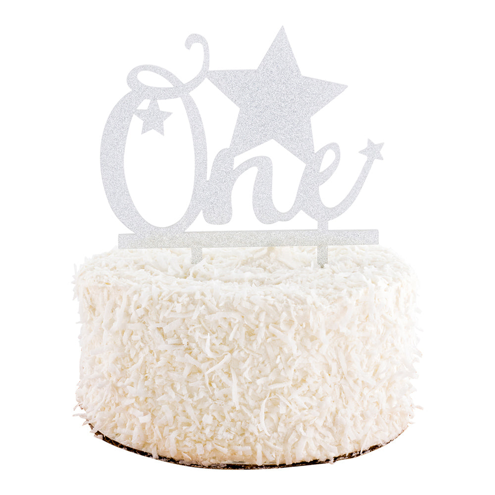 Top Cake Silver Acrylic One Cake Topper - Glitter Stars - 6 1/2" x 5" - 1 count box