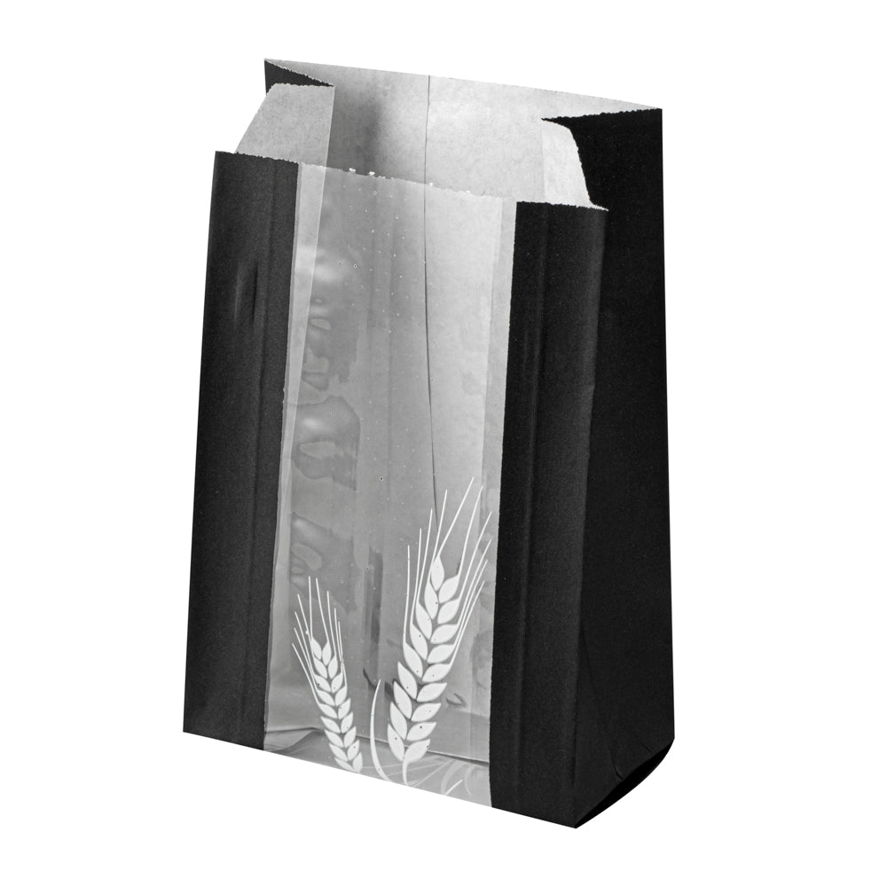 Bag Tek Black Paper Bread Bag - Micro-Perforated, Greaseproof, Wheat Pattern - 4 1/2" x 2 1/2" x 8 1/2" - 100 count box