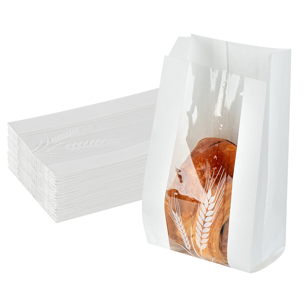 Bag Tek White Paper Bread Bag - Micro-Perforated, Greaseproof, Wheat Pattern - 4 1/2" x 2 1/2" x 8 1/2" - 100 count box