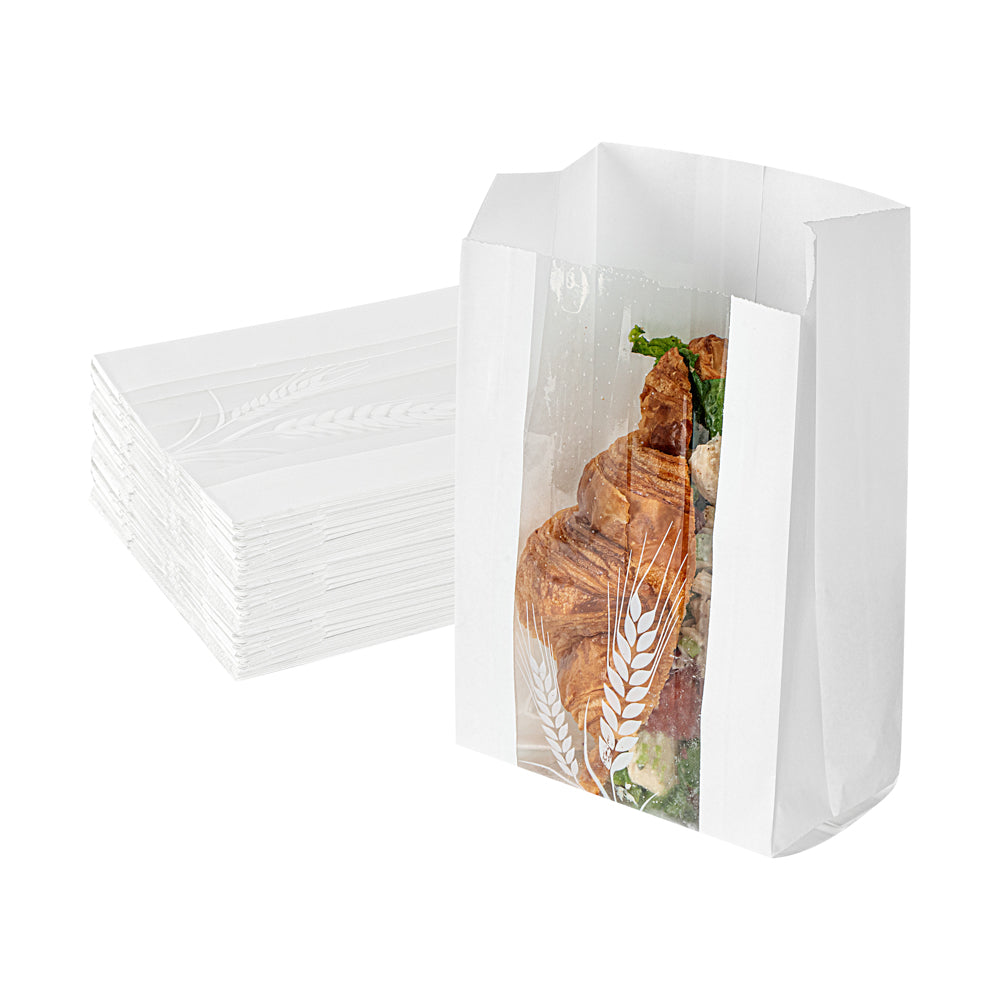 Bag Tek White Paper Bread Bag - Micro-Perforated, Greaseproof, Wheat Pattern - 4 3/4" x 2 3/4" x 8 1/2" - 100 count box