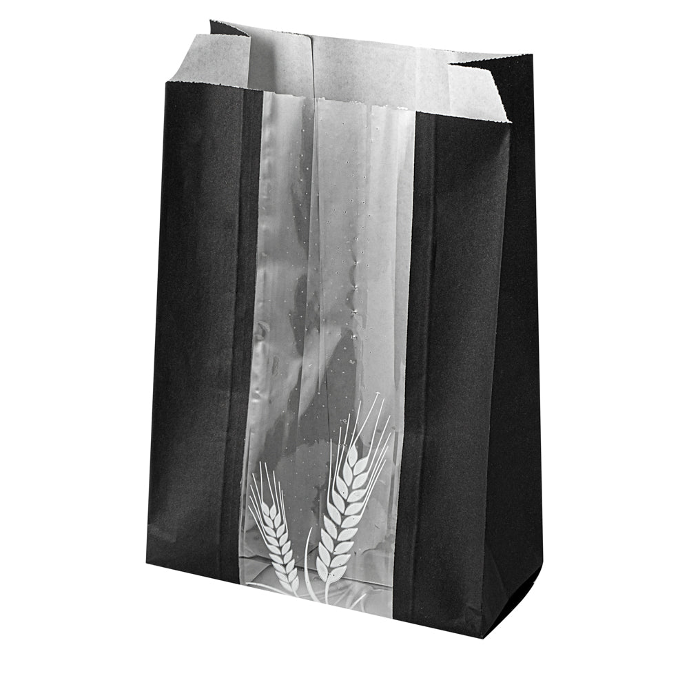 Bag Tek Black Paper Bread Bag - Micro-Perforated, Greaseproof, Wheat Pattern - 6" x 2 3/4" x 10" - 100 count box