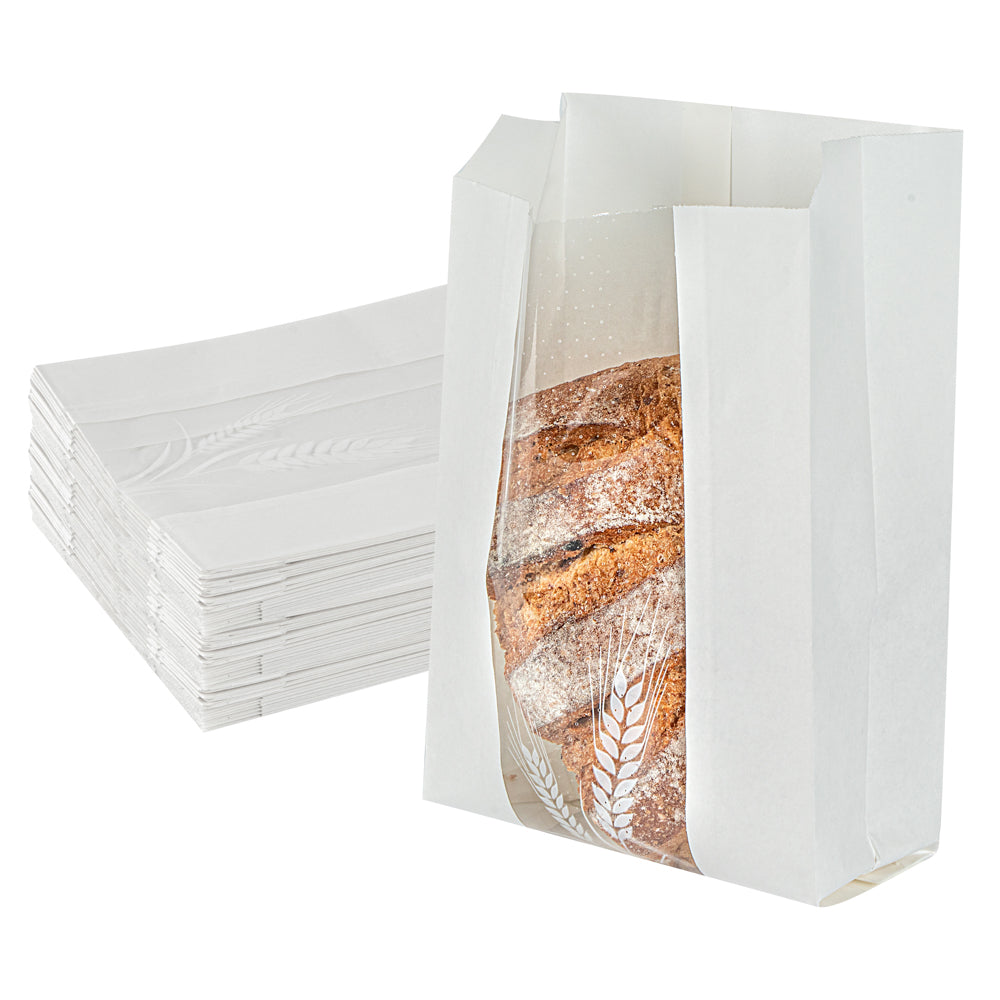 Bag Tek White Paper Bread Bag - Micro-Perforated, Greaseproof, Wheat Pattern - 6" x 2 3/4" x 10" - 100 count box