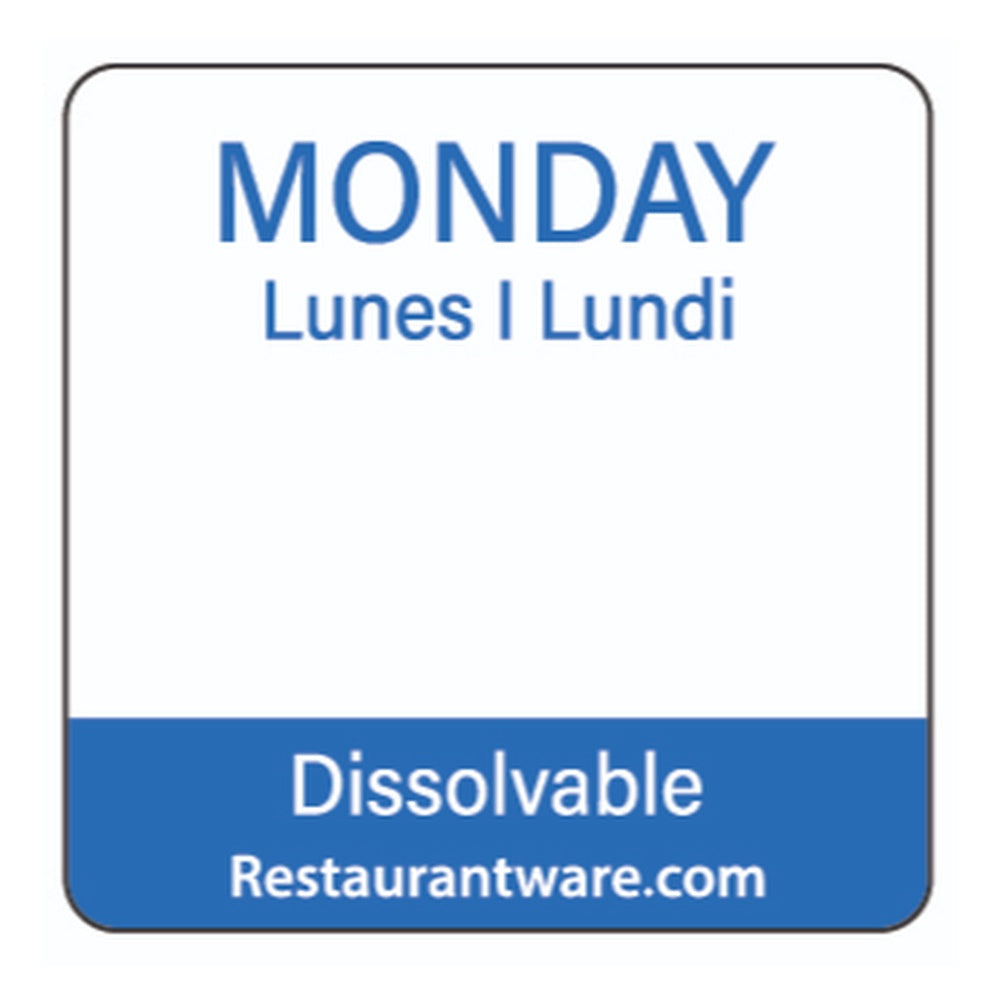 RW Smart Blue Paper Weekly Monday Food Rotation Label - Dissolvable, Trilingual - 1" x 1" - 500 count roll