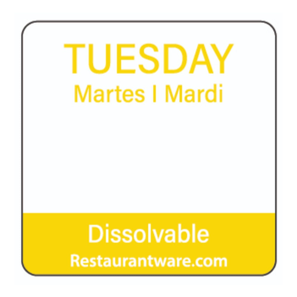 RW Smart Yellow Paper Weekly Tuesday Food Rotation Label - Dissolvable, Trilingual - 1" x 1" - 500 count roll