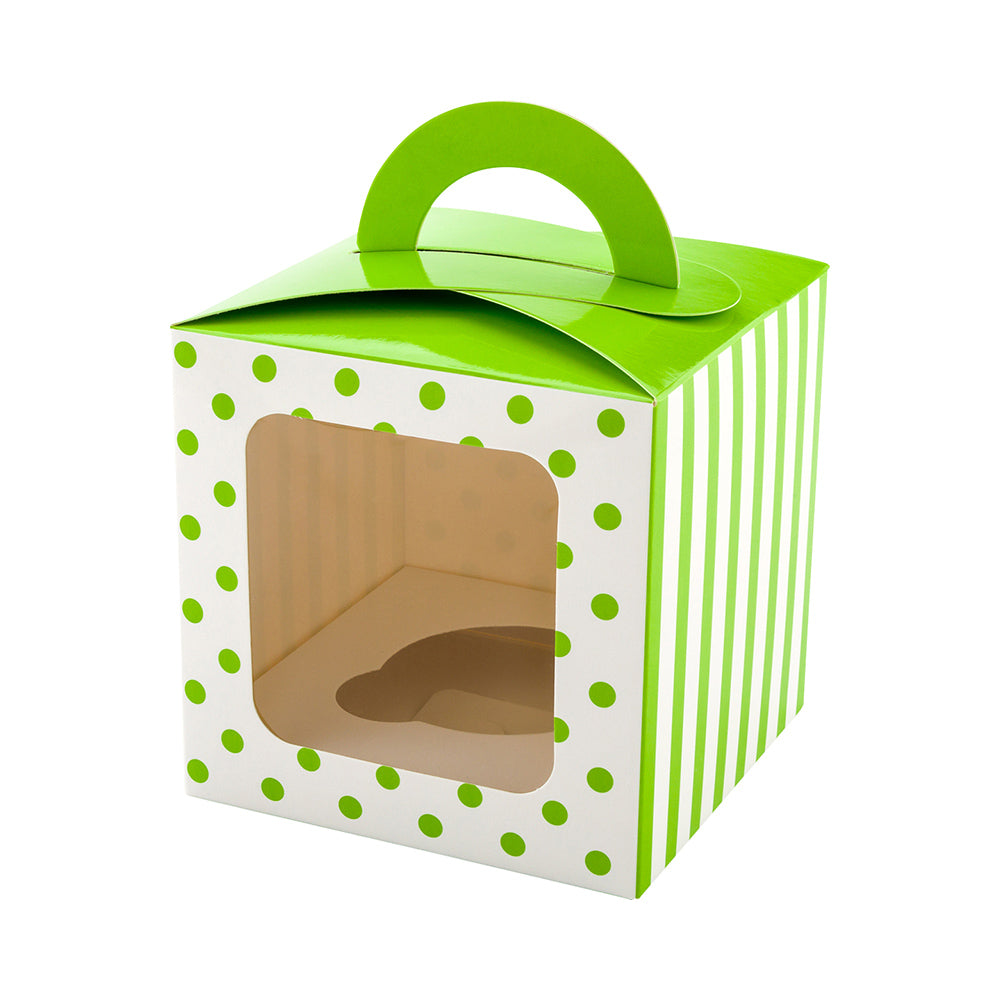 Pastry Tek Square Green Paper Cupcake Window Box - Polka Dot, Fits 1 - 4 1/2" x 4 1/2" x 4 1/2" - 100 count box