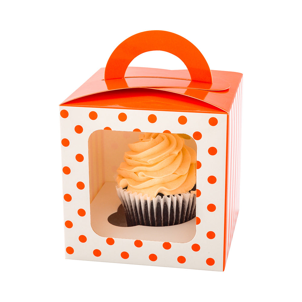 Pastry Tek Square Orange Paper Cupcake Window Box - Polka Dots, Fits 1 - 4 1/2" x 4 1/2" x 4 1/2" - 100 count box