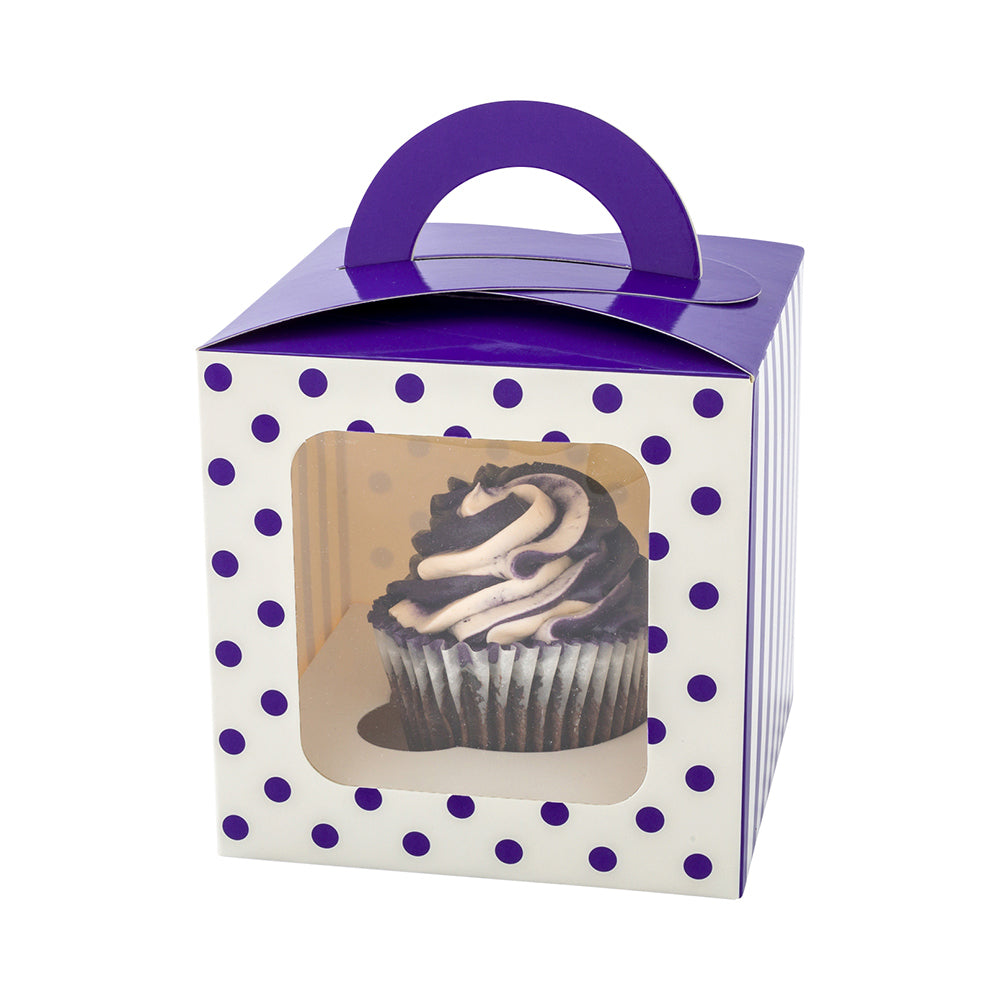 Pastry Tek Square Purple Paper Cupcake Window Box - Polka Dots, Fits 1 - 4 1/2" x 4 1/2" x 4 1/2" - 100 count box