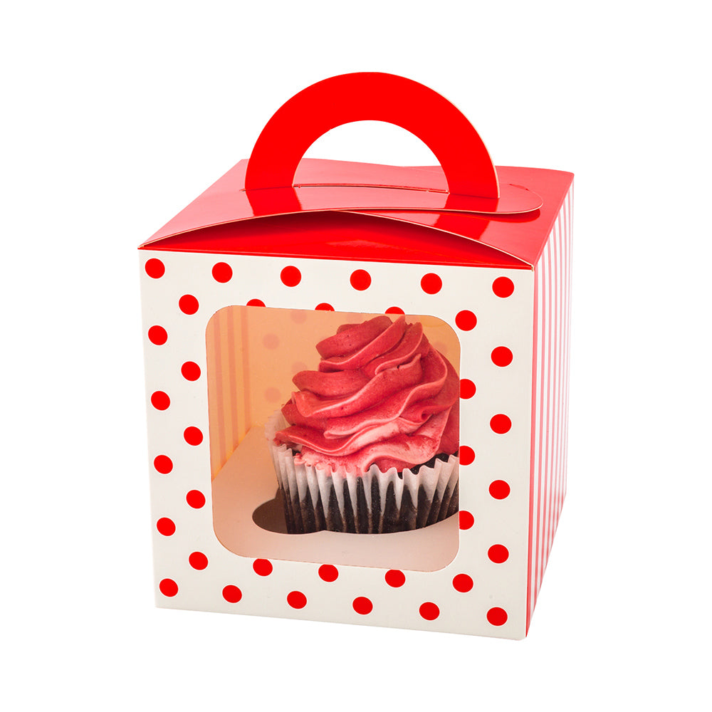 Pastry Tek Square Red Paper Cupcake Window Box - Polka Dots, Fits 1 - 4 1/2" x 4 1/2" x 4 1/2" - 100 count box