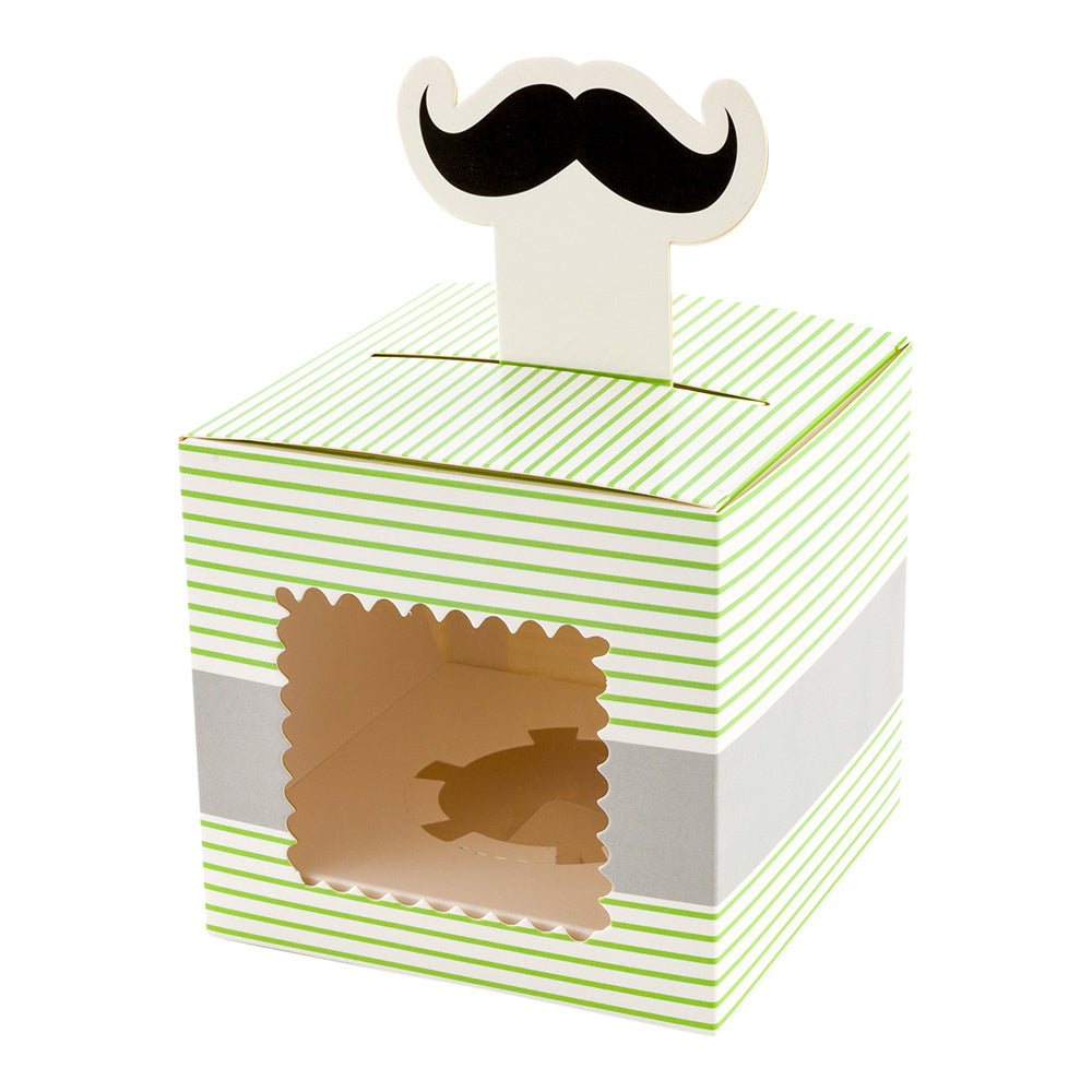 Pastry Tek Square Green Paper Moustache Cupcake Window Box - Gray Stripe, Fits 1 - 4" x 4" x 4" - 100 count box