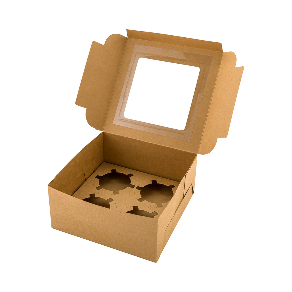 Cafe Vision Square Kraft Cupcake Window Box - Fits 4 - 6 1/4" x 6 1/4" x 3" - 100 count box