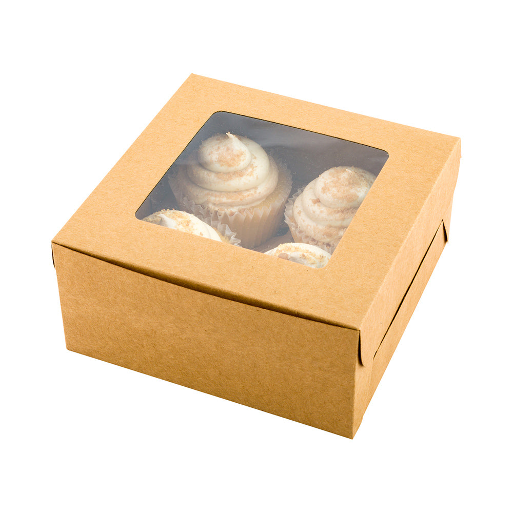 Cafe Vision Square Kraft Cupcake Window Box - Fits 4 - 6 1/4" x 6 1/4" x 3" - 100 count box