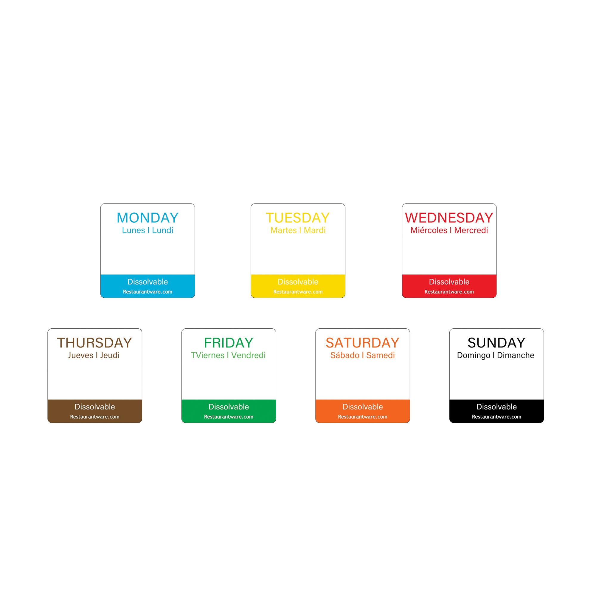 RW Smart 7-Day Weekly Food Rotation Label - Dissolvable, Trilingual - 1" x 1" - 3500 labels