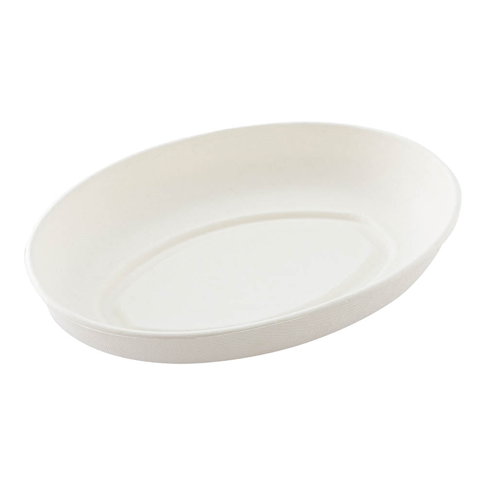 Pulp Tek 26 oz Oval White Sugarcane / Bagasse Salad Plate - 9 1/4" x 6" x 1 1/2" - 100 count box