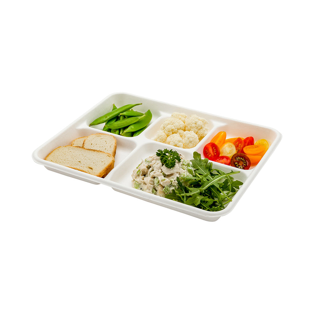 Pulp Tek Rectangle White Sugarcane / Bagasse Food Tray - 5 Compartments - 10 1/2" x 8 1/2" x 1" - 100 count box