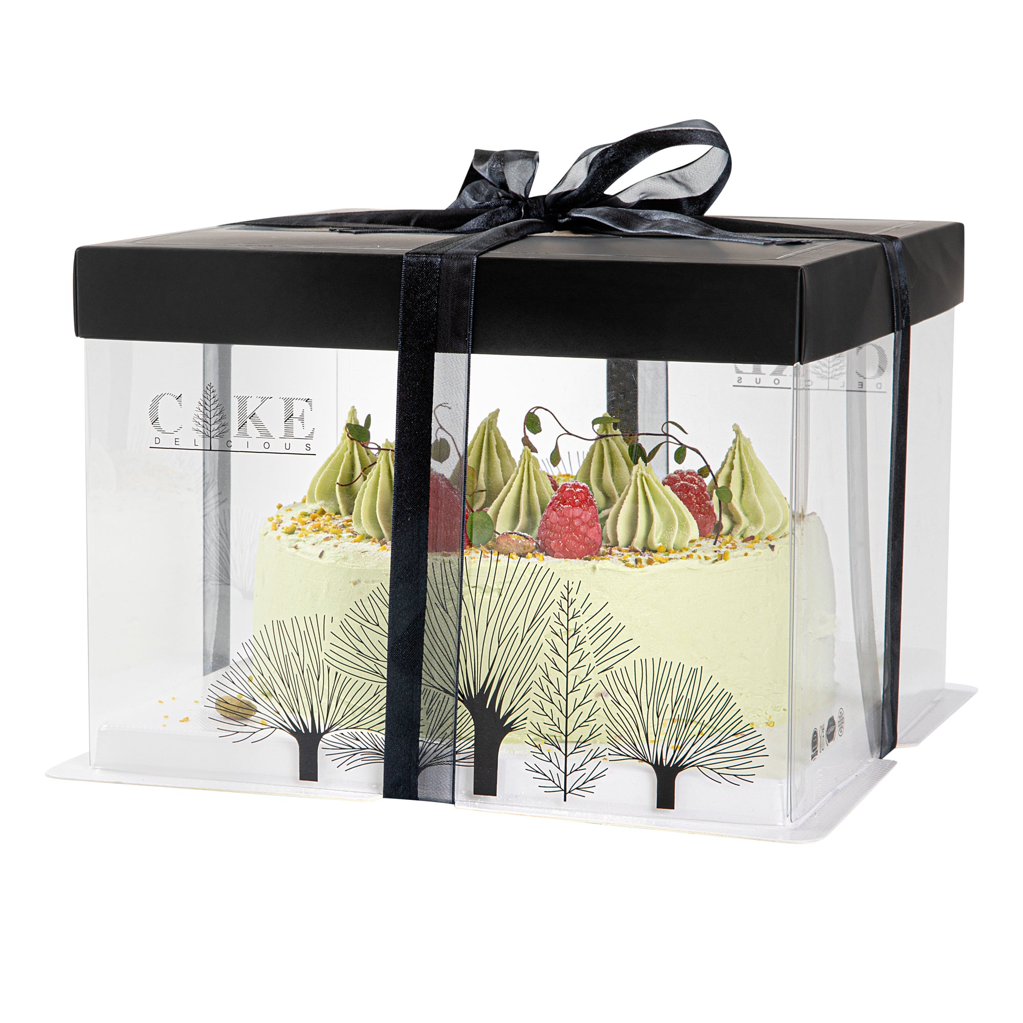 Sweet Vision Square Clear Plastic Cake Box - Black Lid and White Base, Black Ribbon, Tree Accent - 8 1/2" x 8 1/2" x 6 3/4" - 10 count box