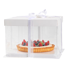 Sweet Vision Square Clear Plastic Cake Box - White Lid and White Base, Gray Ribbon, Lotus Accent - 8 1/2