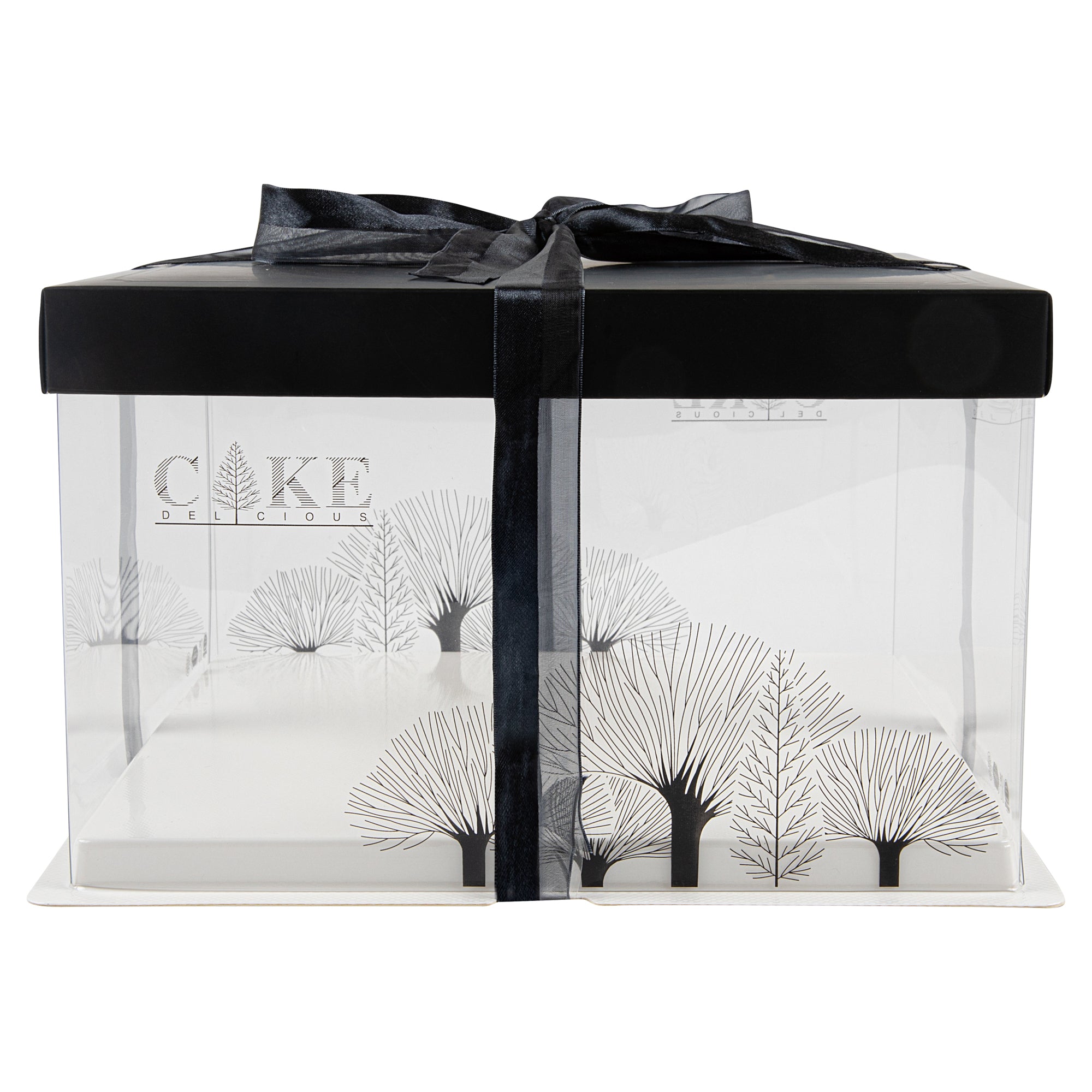 Sweet Vision Square Clear Plastic Cake Box - Black Lid and White Base, Black Ribbon, Tree Accent - 10" x 10" x 8 1/4" - 10 count box