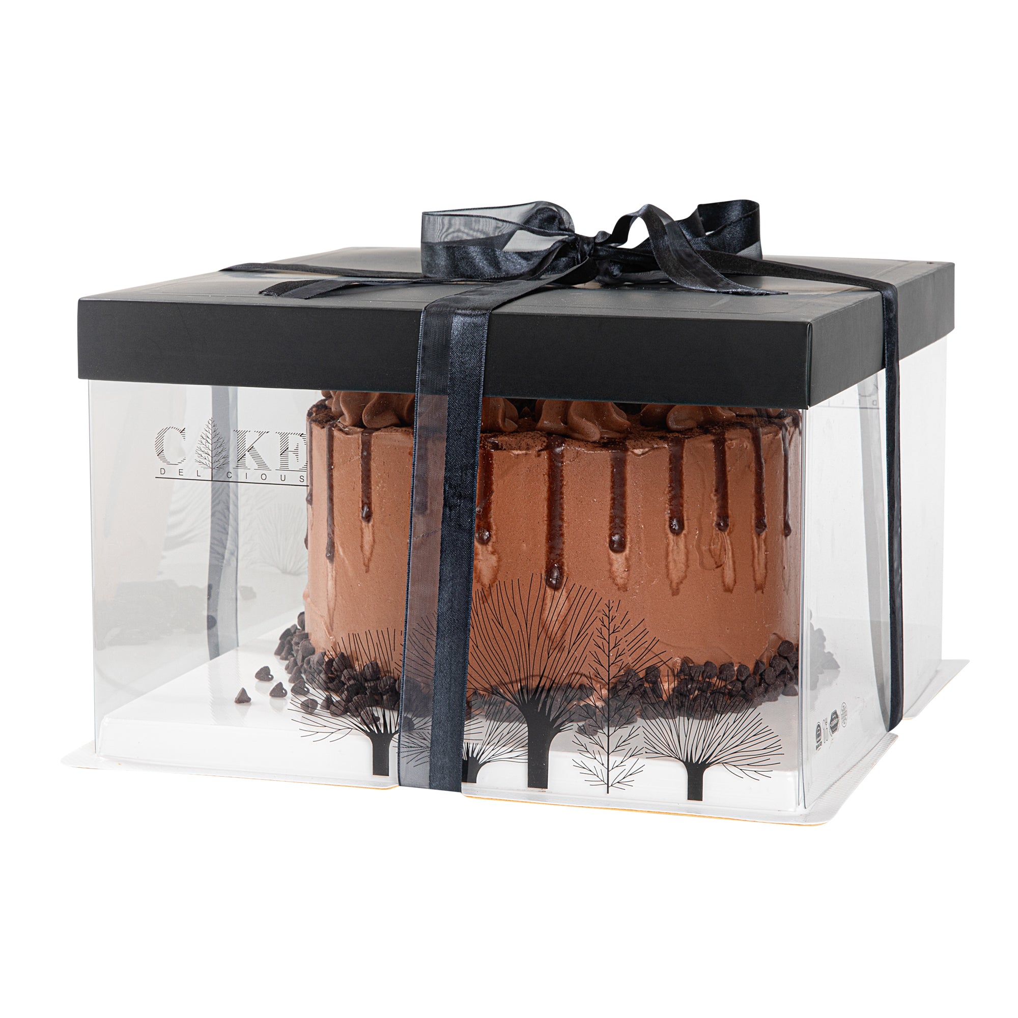 Sweet Vision Square Clear Plastic Cake Box - Black Lid and White Base, Black Ribbon, Tree Accent - 10" x 10" x 8 1/4" - 10 count box