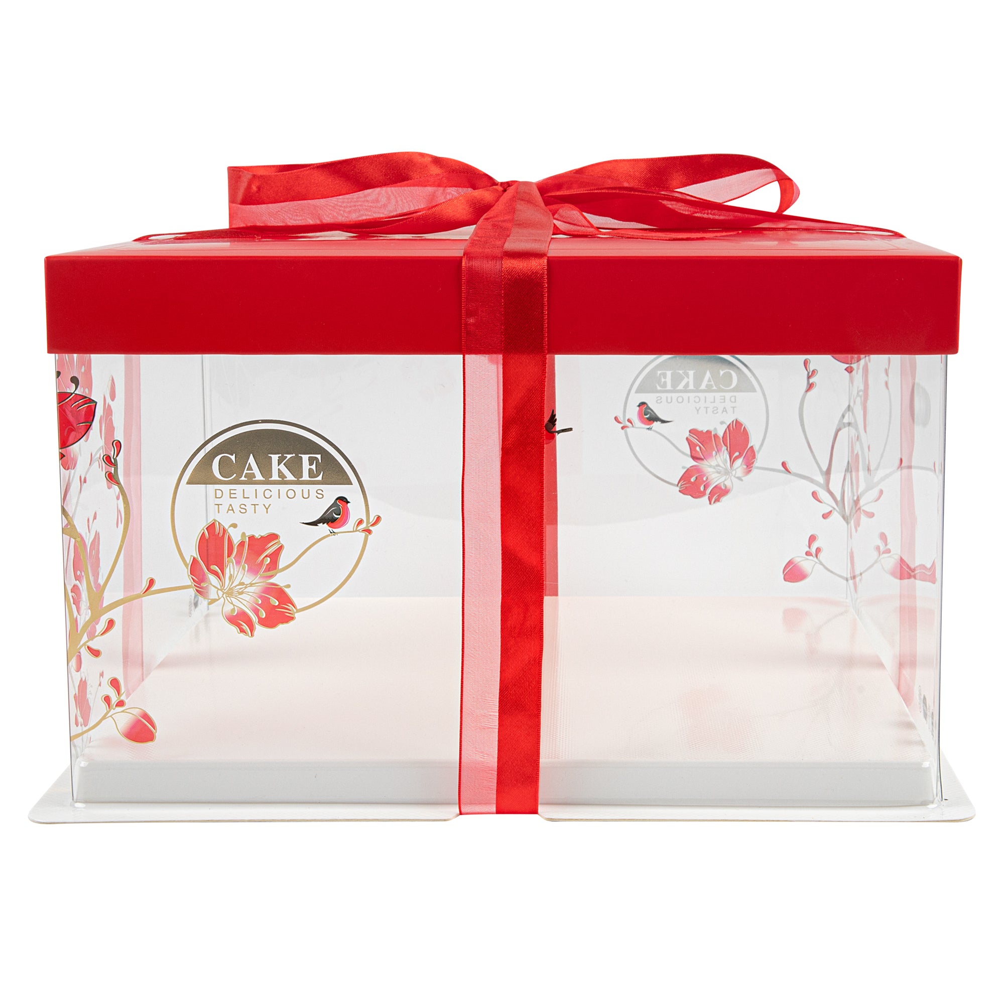 Sweet Vision Square Clear Plastic Cake Box - Red Lid and White Base, Red Ribbon, Flower / Bird Accent - 10" x 10" x 8 1/4" - 10 count box