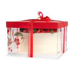 Sweet Vision Square Clear Plastic Cake Box - Red Lid and White Base, Red Ribbon, Flower / Bird Accent - 10