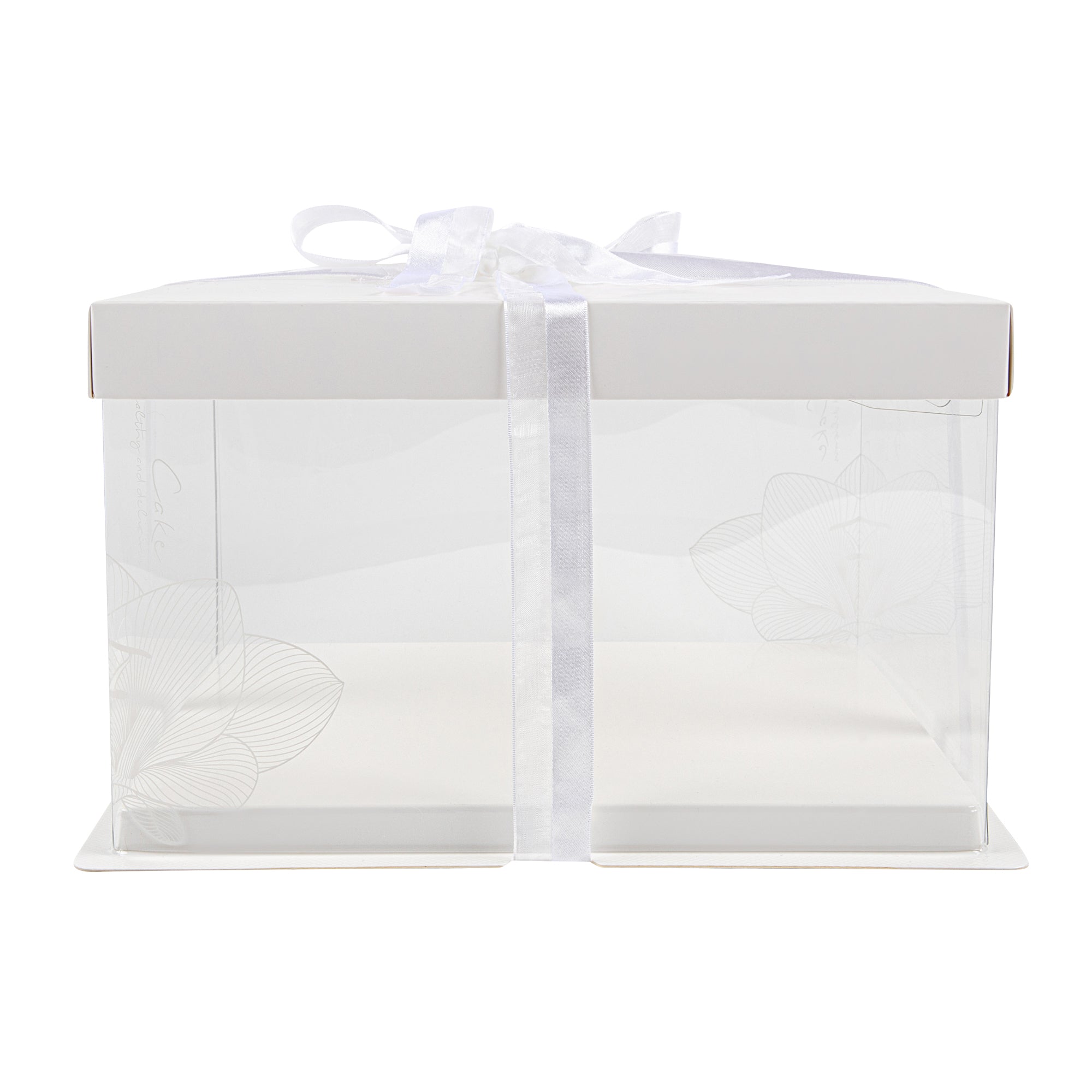 Sweet Vision Square Clear Plastic Cake Box - White Lid and White Base, Gray Ribbon, Lotus Accent - 10" x 10" x 8 1/4" - 10 count box