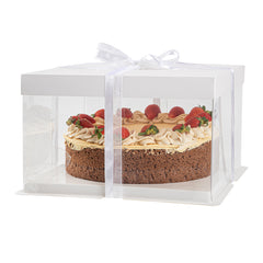 Sweet Vision Square Clear Plastic Cake Box - White Lid and White Base, Gray Ribbon, Lotus Accent - 10