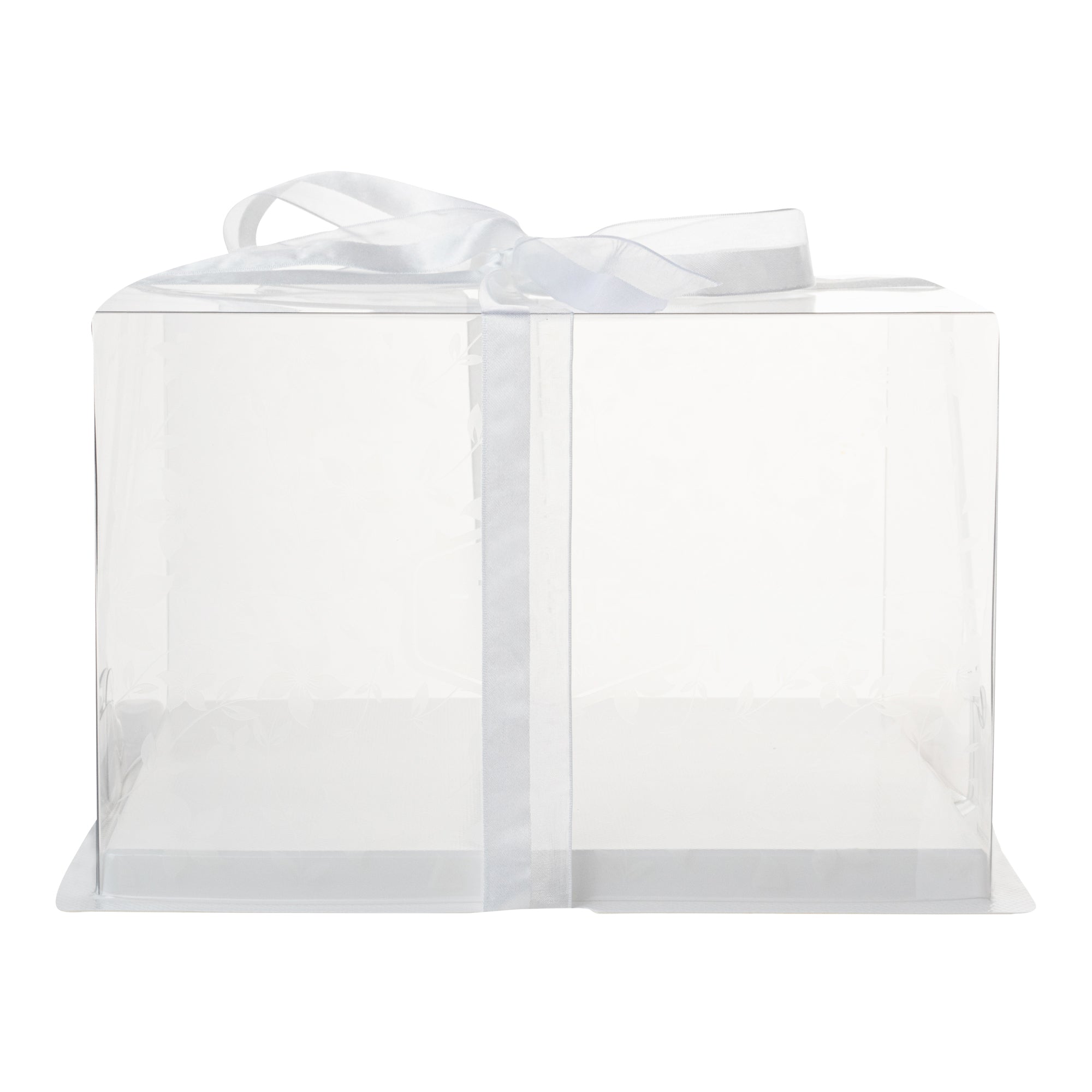 Sweet Vision Square Clear Plastic Cake Box - White Base, Gray Ribbon, Flower Garden Design - 10" x 10" x 6 3/4" - 10 count box