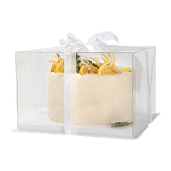 Sweet Vision Square Clear Plastic Cake Box - White Base, Gray Ribbon, Flower Garden Design - 10