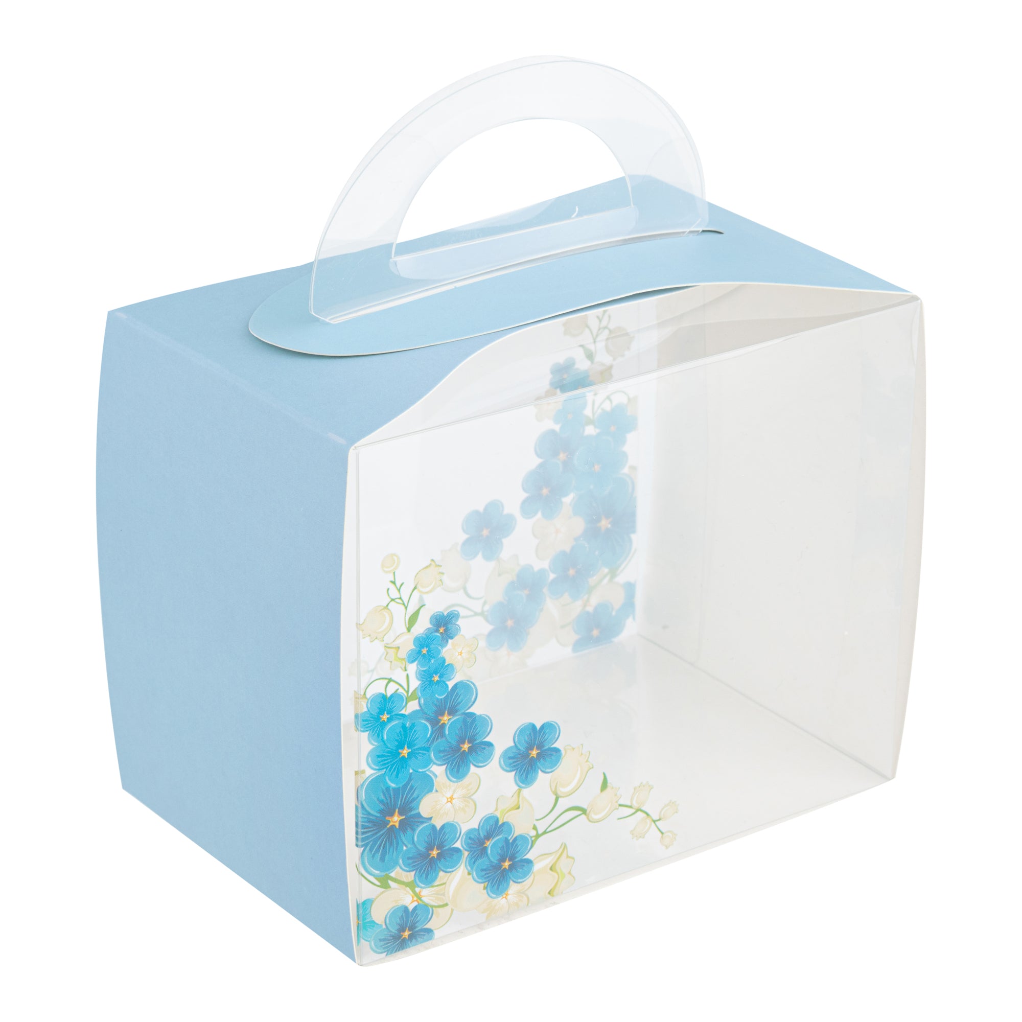 Sweet Vision Rectangle Clear Plastic Cupcake Box - with Handle, Blue Paper Wrap, Flower Accent - 5" x 3 1/4" x 4" - 100 count box