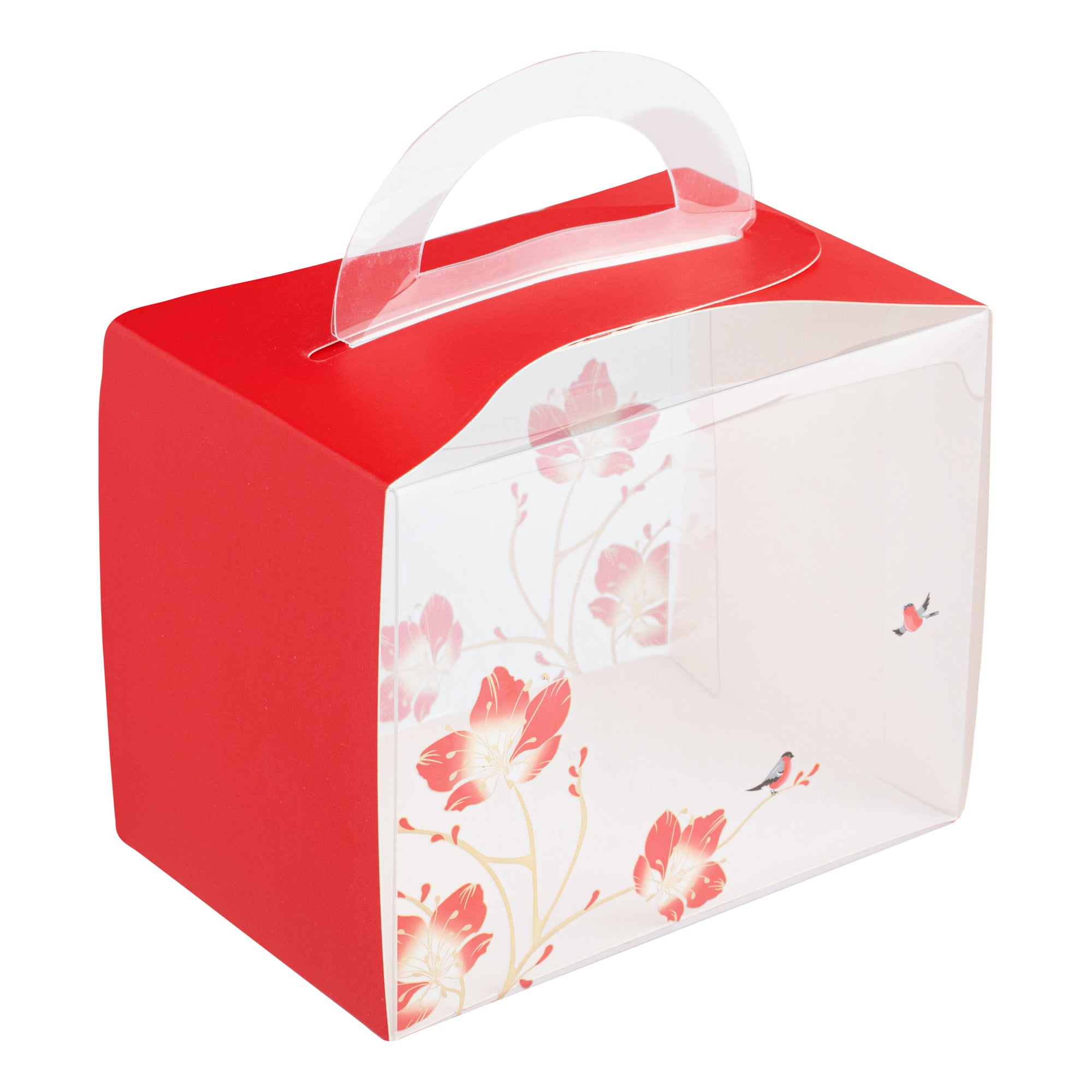 Sweet Vision Rectangle Clear Plastic Cupcake Box - with Handle, Red Paper Wrap, Flower / Bird Accent - 5" x 3 1/4" x 4" - 100 count box