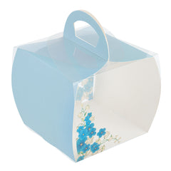 Sweet Vision Square Clear Plastic Cupcake Box - with Handle, Blue Paper Wrap, Flower Accent - 4