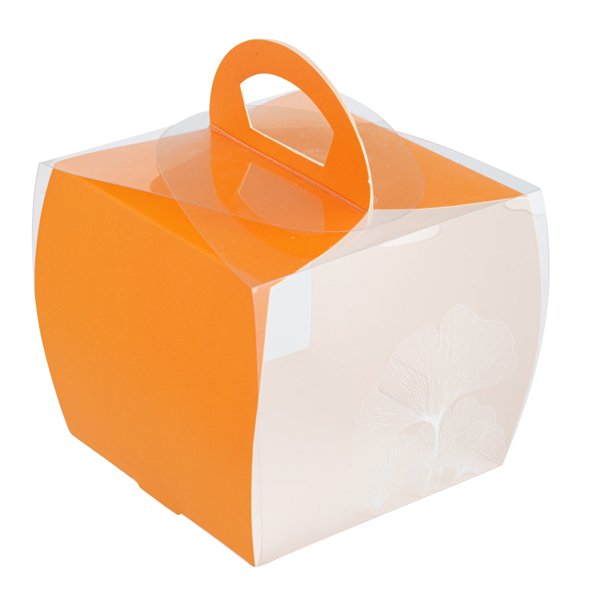 Sweet Vision Square Clear Plastic Cupcake Box - with Handle, Orange Paper Wrap, Leaf Accent - 4" x 4" x 4 1/4" - 100 count box