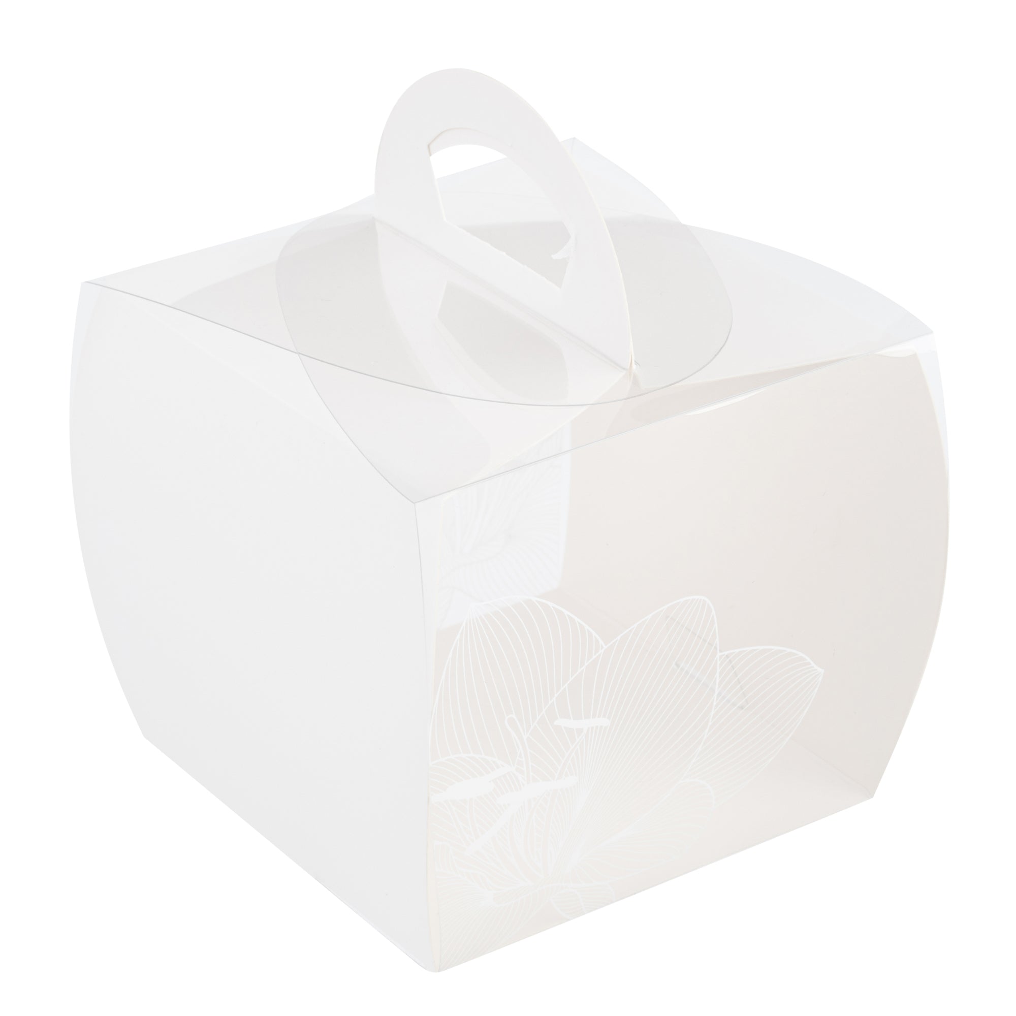 Sweet Vision Square Clear Plastic Cupcake Box - with Handle, White Paper Wrap, Lotus Accent - 4" x 4" x 4 1/4" - 100 count box