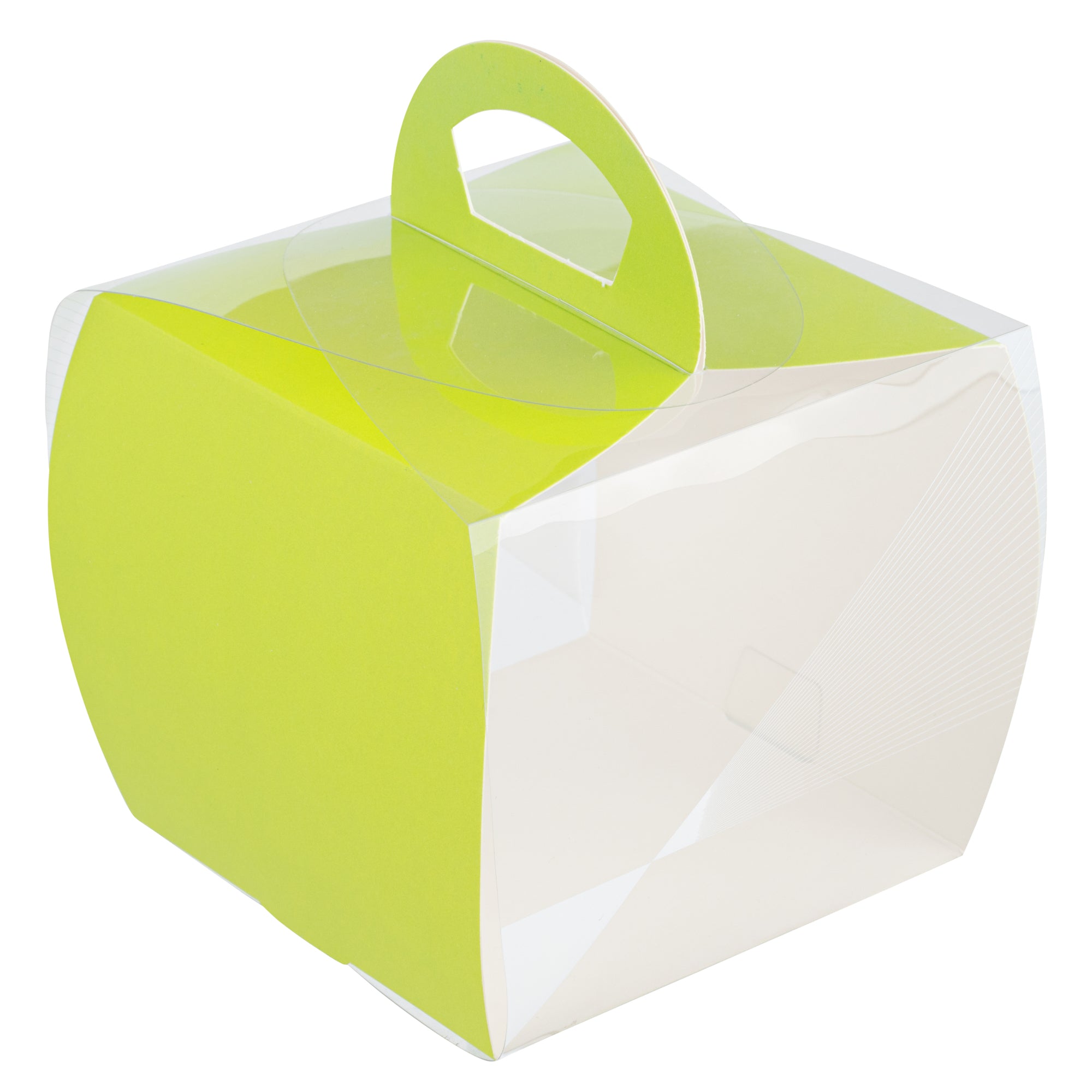 Sweet Vision Square Clear Plastic Cupcake Box - with Handle, Yellow Paper Wrap, Geometric Line Accent - 4" x 4" x 4 1/4" - 100 count box