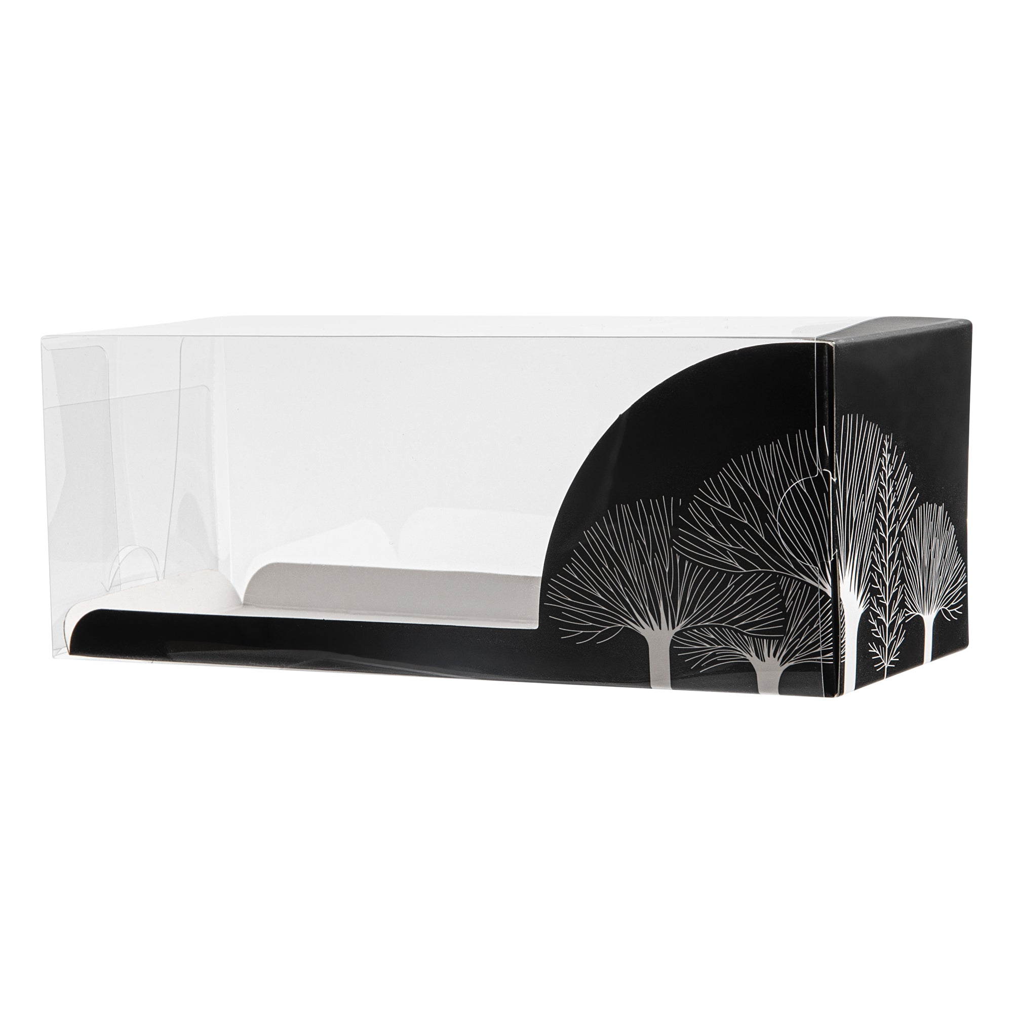 Sweet Vision Rectangle Clear Plastic Eclair Box - Black Paper Sleeve, Tree Accent - 7" x 2 1/2" x 2 1/2" - 100 count box