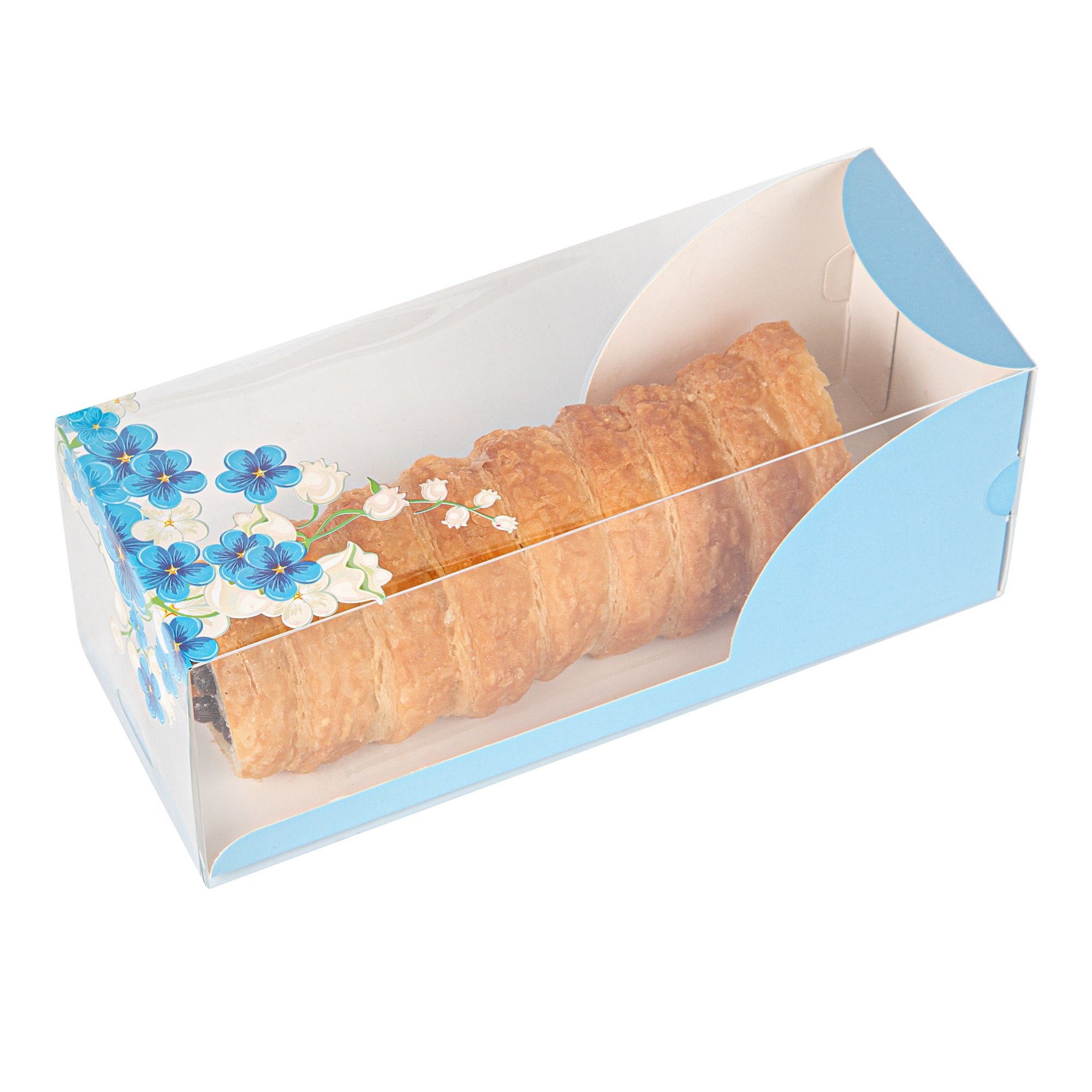 Sweet Vision Rectangle Clear Plastic Eclair Box - Blue Paper Sleeve, Flower Accent - 7" x 2 1/2" x 2 1/2" - 100 count box