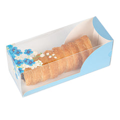 Sweet Vision Rectangle Clear Plastic Eclair Box - Blue Paper Sleeve, Flower Accent - 7