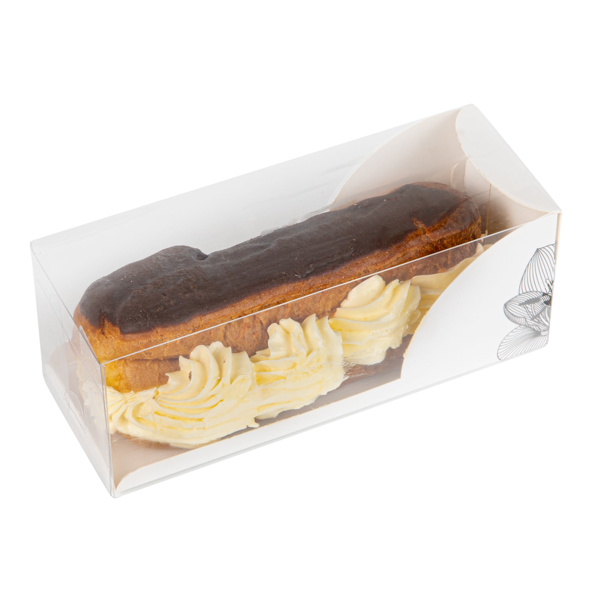 Sweet Vision Rectangle Clear Plastic Eclair Box - White Paper Sleeve, Lotus Accent - 7" x 2 1/2" x 2 1/2" - 100 count box