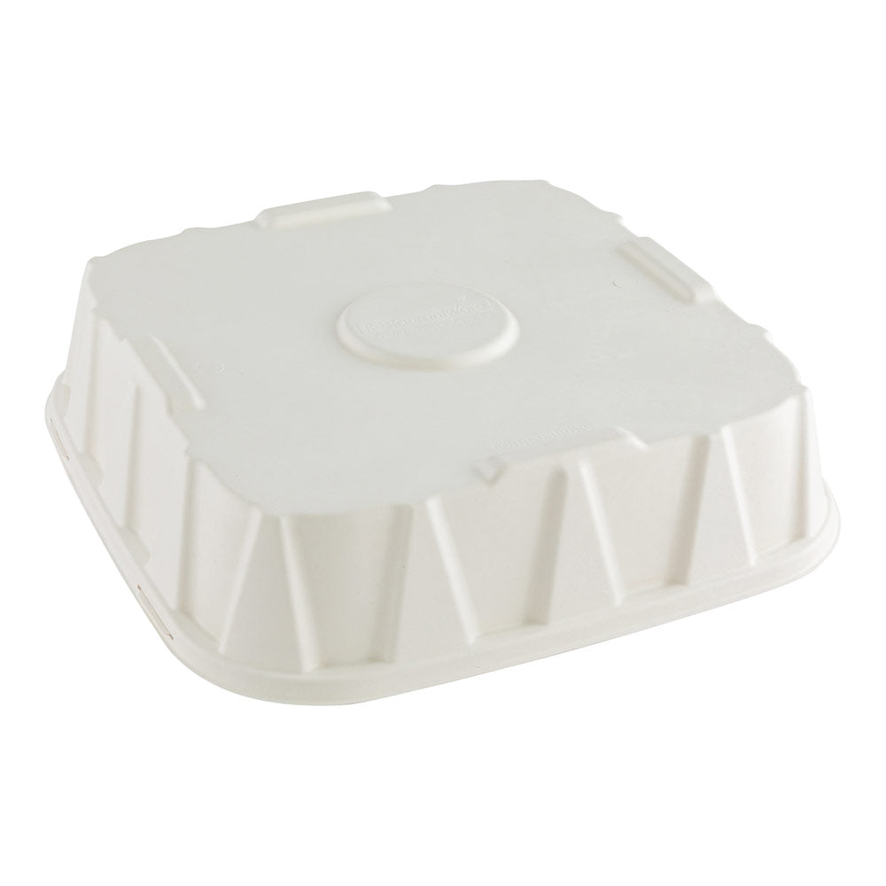 Pulp Safe No PFAS Added Square White Sugarcane / Bagasse Tray Lid - Home Compostable, Fits 18" - 100 count box