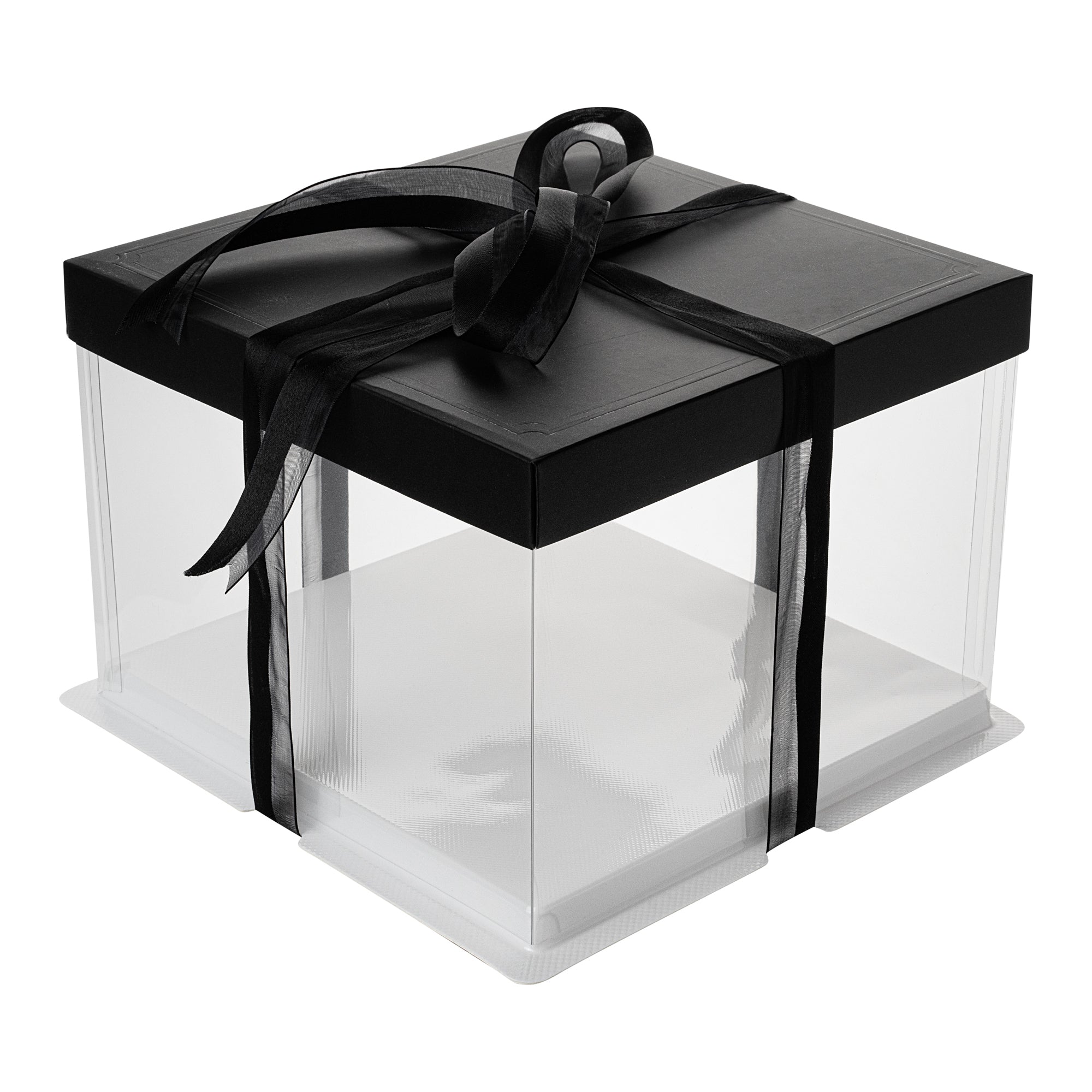 Sweet Vision Square Clear Plastic Cake Box - Black Lid and White Base, Black Ribbon - 8 1/2" x 8 1/2" x 6 3/4" - 10 count box