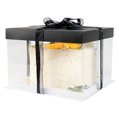 Sweet Vision Square Clear Plastic Cake Box - Black Lid and White Base, Black Ribbon - 8 1/2